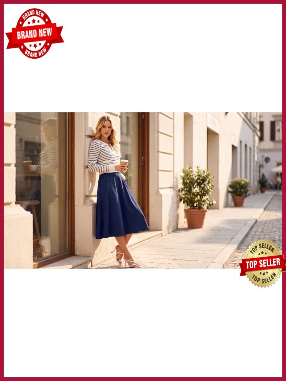 A-Line Elastic High Waist Midi Skirt with Pockets, Wrinkle Free Long Skirt, - Picture 6 of 6